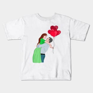 Couple Hugging While Holding Heart Shaped Balloons Kids T-Shirt